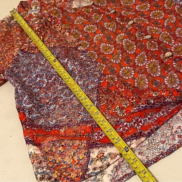 Anthropologie Fig and Flower XL Boho 3/4 Sleeve Tie Hem V-neck Red Blue Sheer - Picture 9 of 9